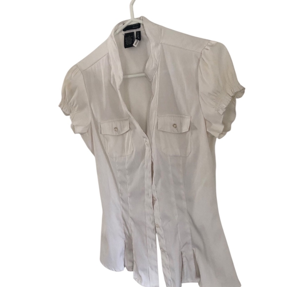 Cotton Express Asian Collar Button-Down cinch puffy sleeve blouse